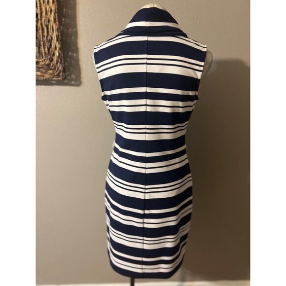 Muse Boston Proper Dress 8 Navy Blue White Stripe Collared Stretch Washable NEW - Picture 4 of 6